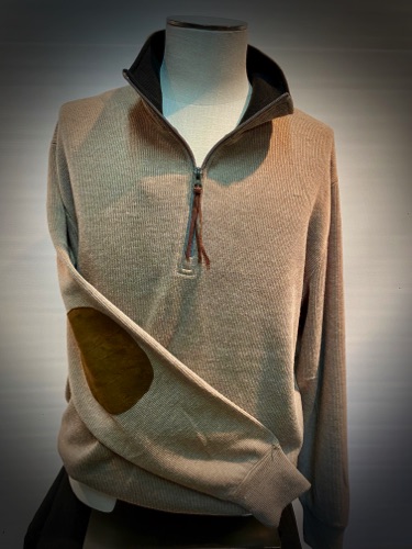 82038-7 Tan Heather
Fine Weight Zip Pullover
w/ Faux Suede Trim & Elbow Patch