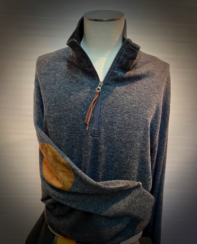 82038-1 Grey Heather
Fine Weight Zip Pullover
w/ Faux Suede Trim & Elbow Patch